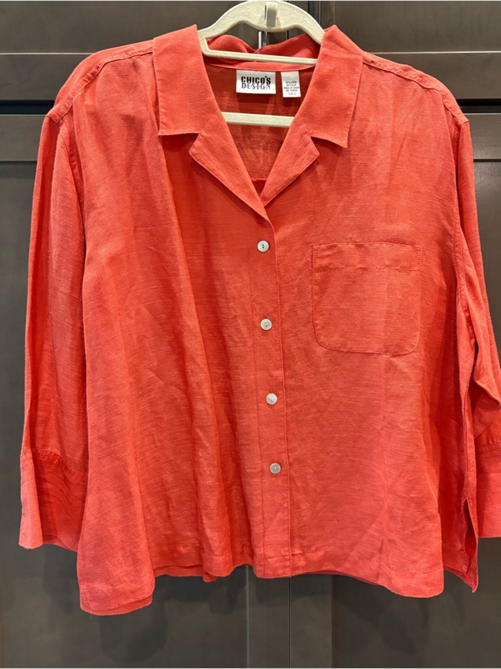 Chico’s Design Linen & Silk 3/4 Sleeves Button Front Shacket Top, 3/16/XL